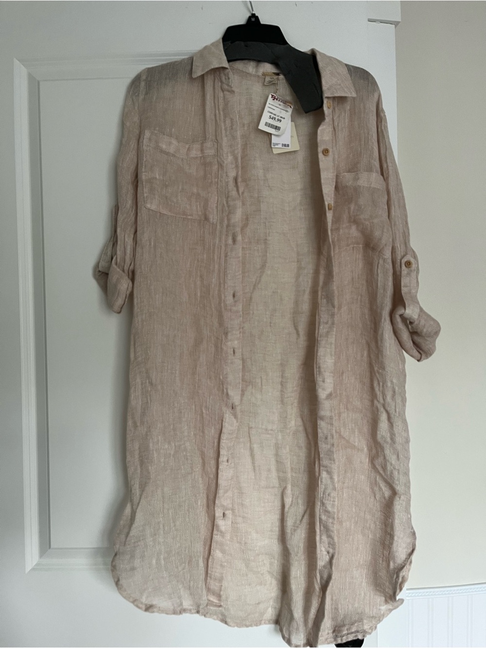 Lightweight Women’s Long Linen Shirt Jacket - Beige or Beach Cover Up